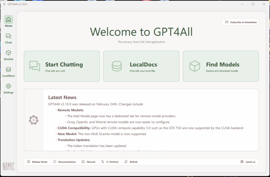 GPT4All home screen.