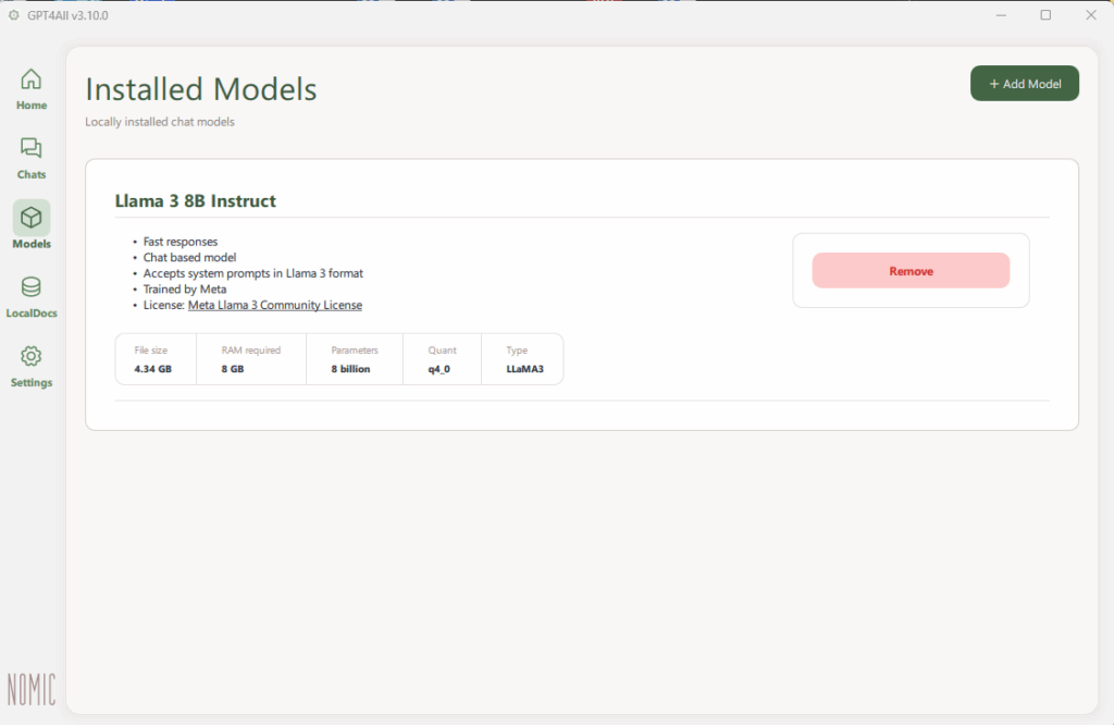Installed Models screen